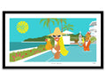 Colorful illustration of a tropical scene with a character in a hat and sunglasses, another character holding a drink, and palm trees.