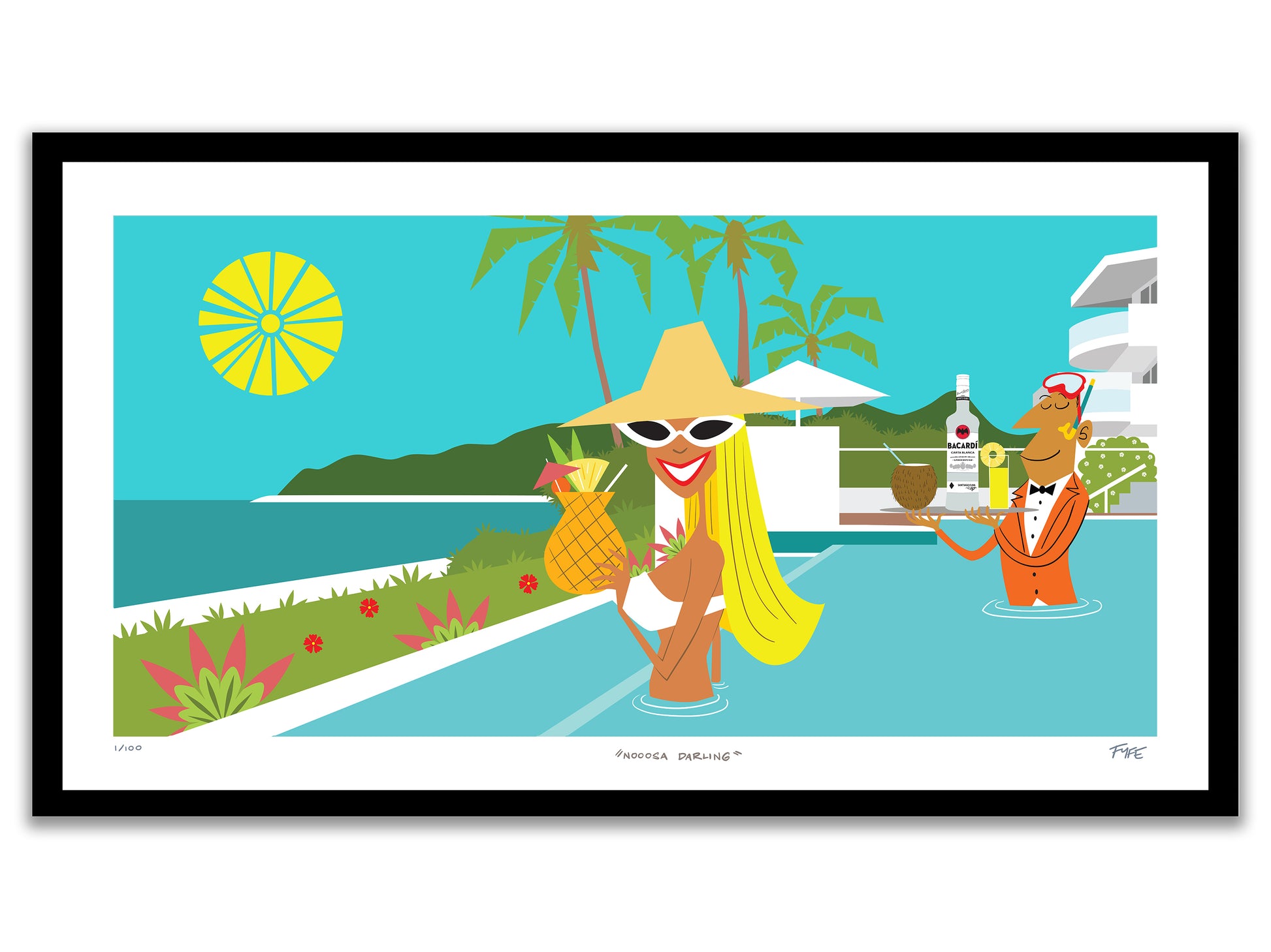 Colorful illustration of a tropical scene with a character in a hat and sunglasses, another character holding a drink, and palm trees.