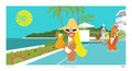 Cartoon scene with a woman in a swimsuit and hat by a pool, a man in an orange suit serving drinks, and palm trees in the background.