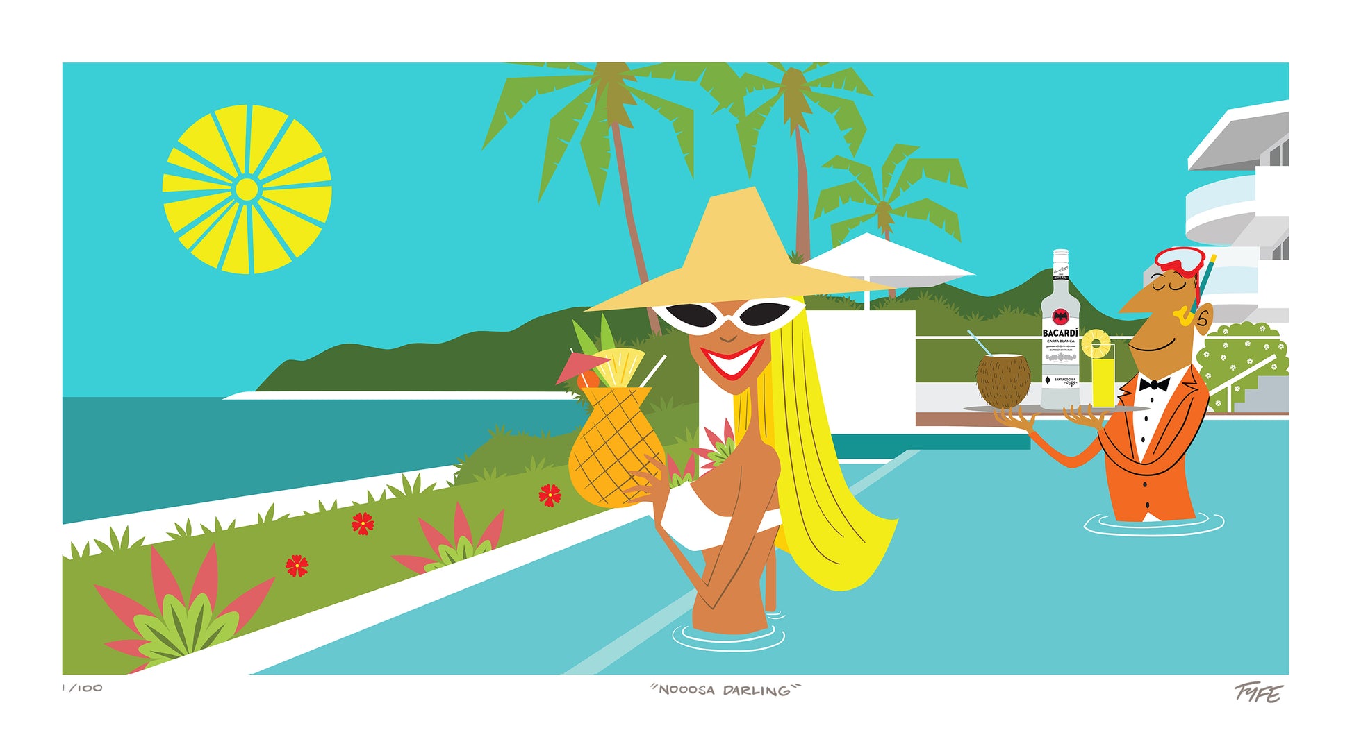 Cartoon scene with a woman in a swimsuit and hat by a pool, a man in an orange suit serving drinks, and palm trees in the background.
