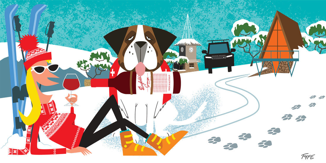 Illustration of a dog and a person in a snowy landscape with skis and a cabin.