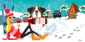 Illustration of a dog and a person in a snowy landscape with skis and a cabin.