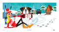 Cartoon illustration of a woman and dog skiing with skis and a cabin in the background.
