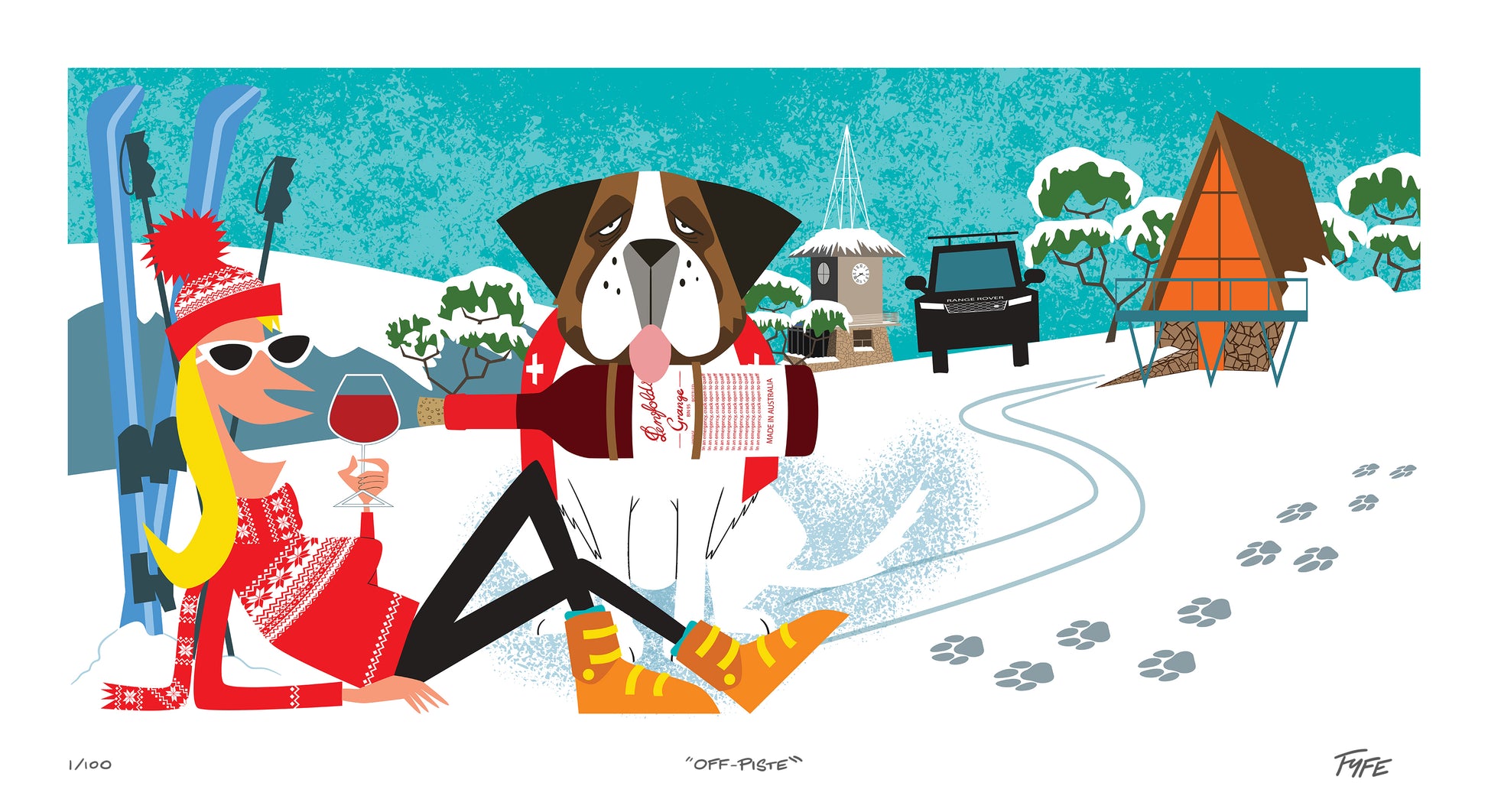 Cartoon illustration of a woman and dog skiing with skis and a cabin in the background.
