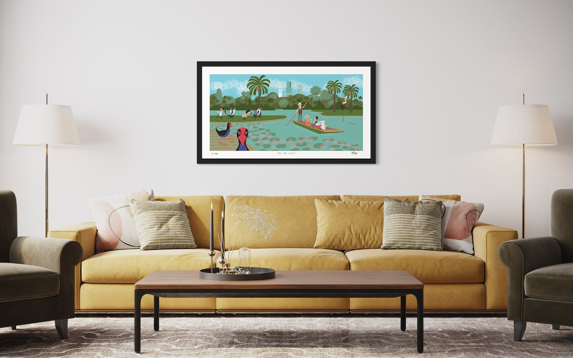 Living room with a yellow sofa, coffee table, and framed artwork on the wall.