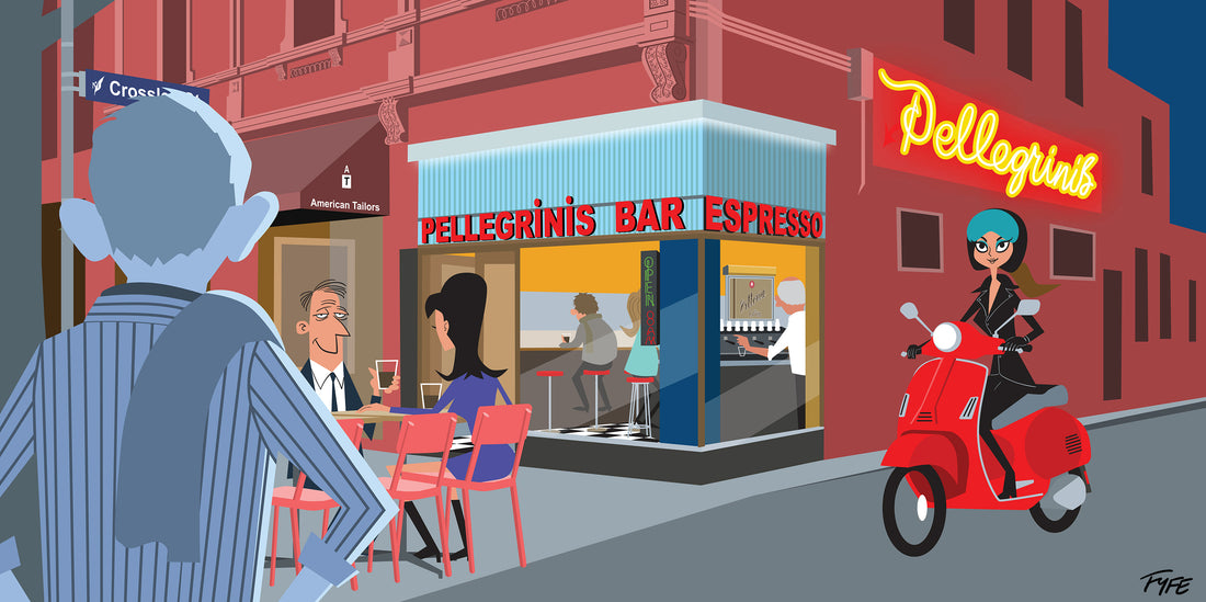 Illustration of a street scene with Pellegrini's Bar Espresso and a woman on a scooter.