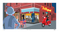 Illustration of a city street with Pellegrini's Bar Espresso and a woman on a scooter.
