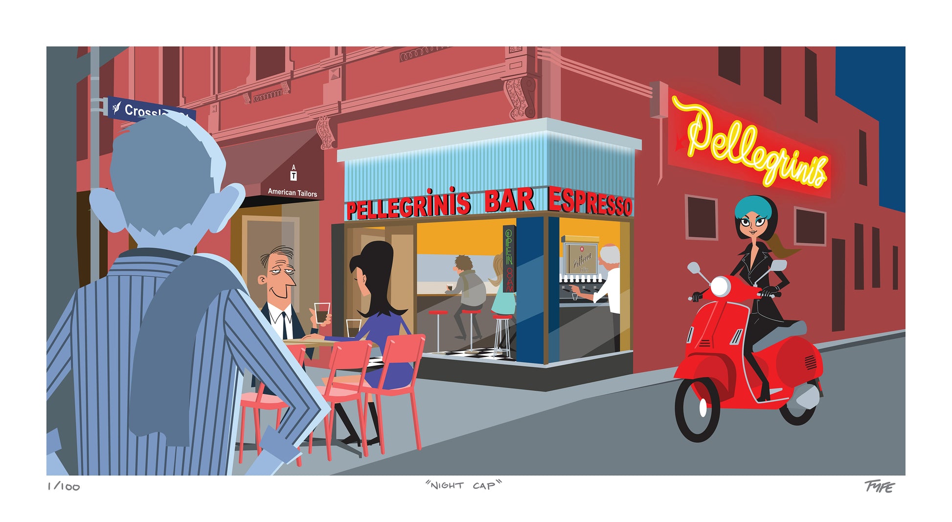 Illustration of a city street with Pellegrini's Bar Espresso and a woman on a scooter.