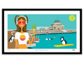 Illustration of a woman with sunglasses and ice cream, penguins, and a pier on a blue background.