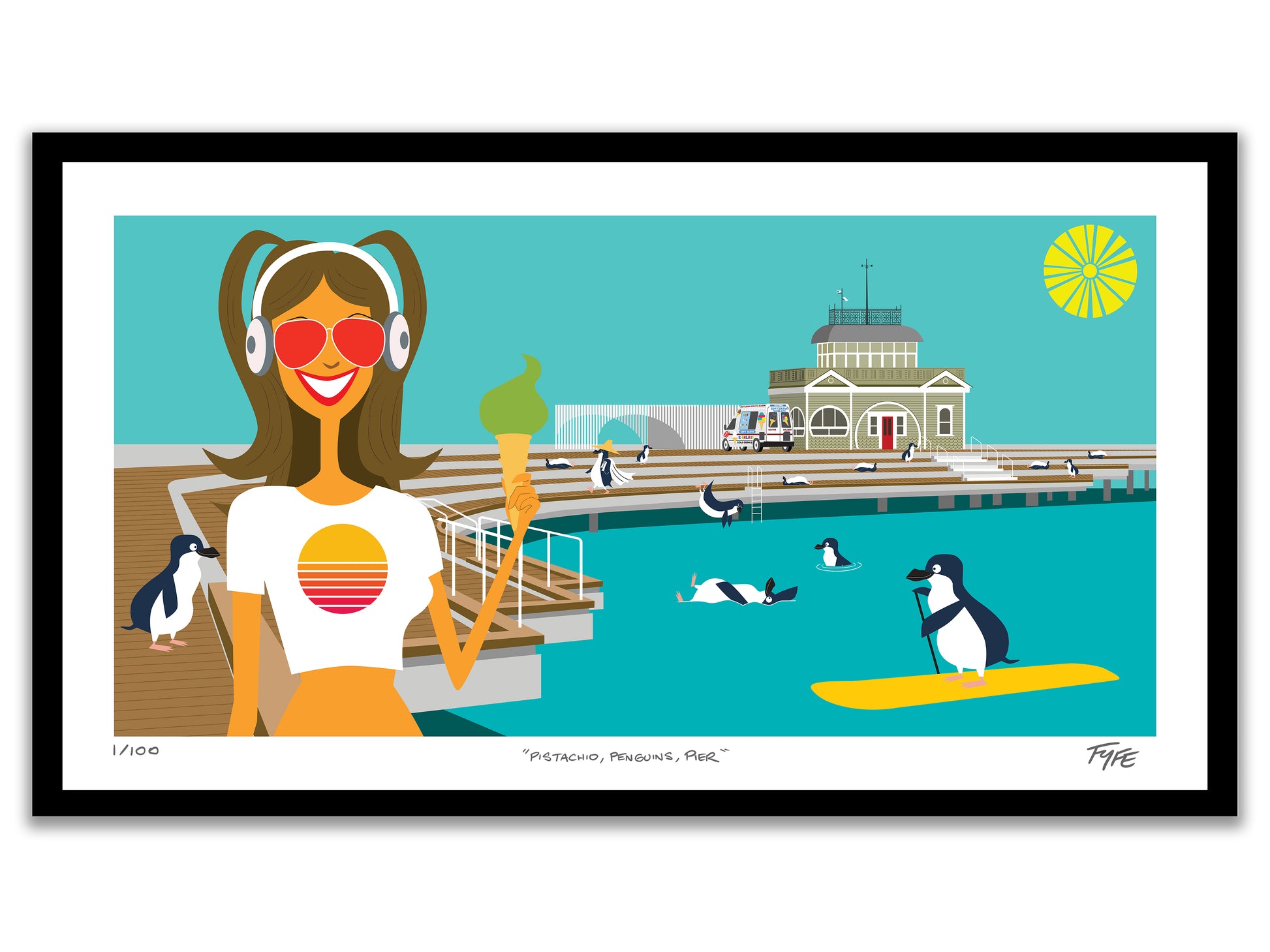 Illustration of a woman with sunglasses and ice cream, penguins, and a pier on a blue background.