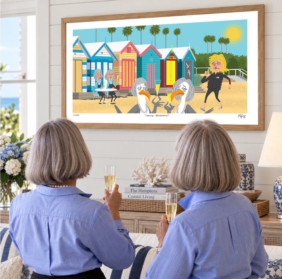 Cartoon scene with beach huts, people, and a seagull in a coastal setting.