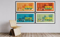 Four framed illustrations of a street scene with a wooden chair in front