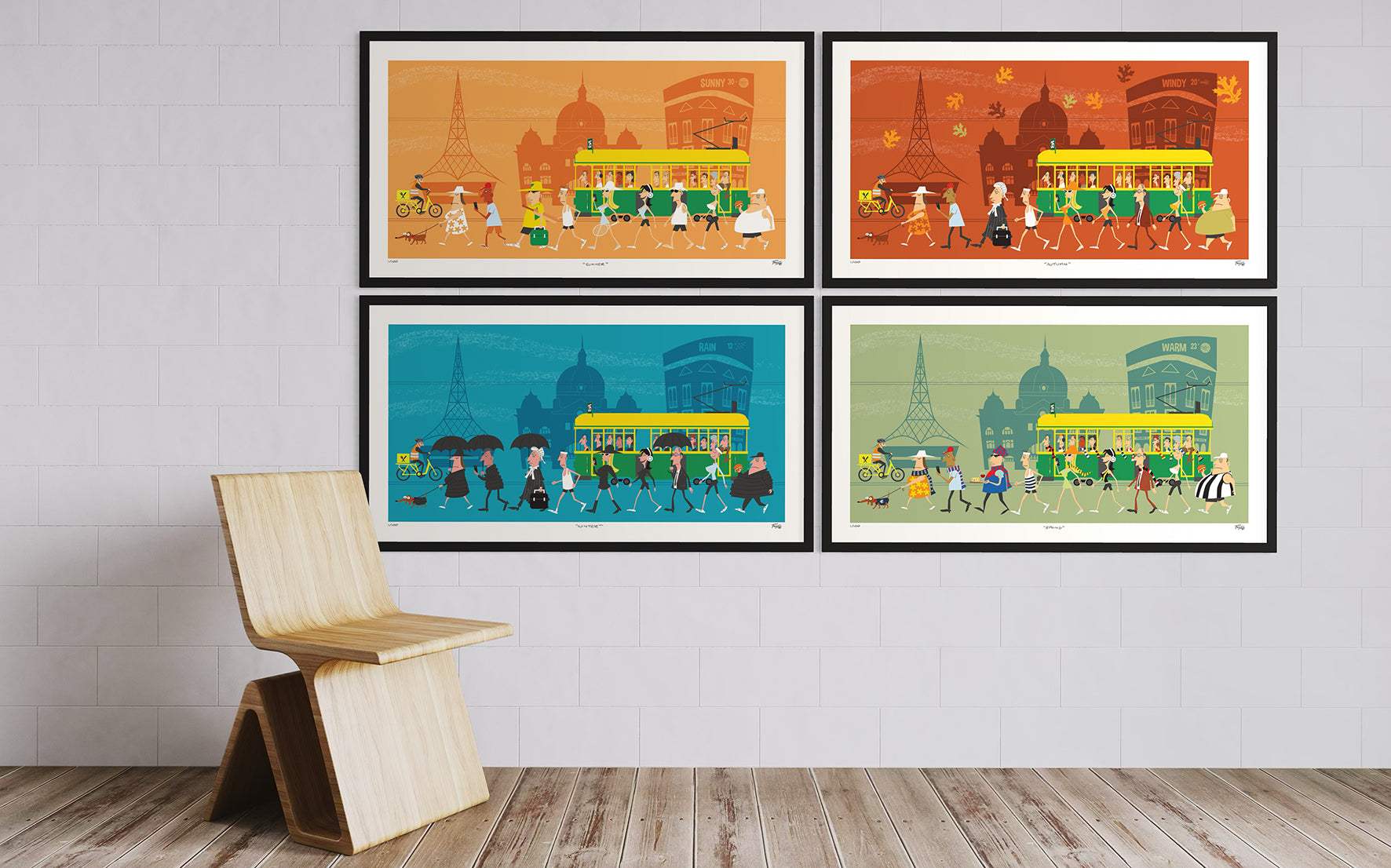 Four framed illustrations of a street scene with a wooden chair in front