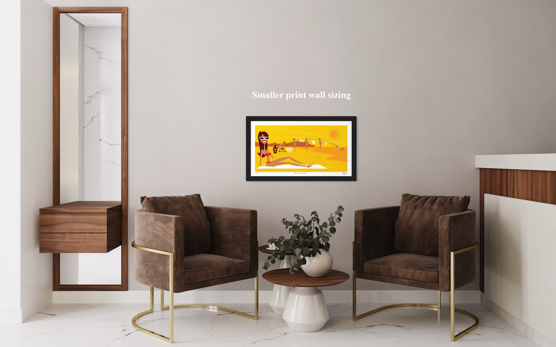 Modern living room with brown chairs, a coffee table, and a wall art print.