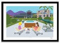 Illustration of two people sitting by a pool with a house and mountains in the background