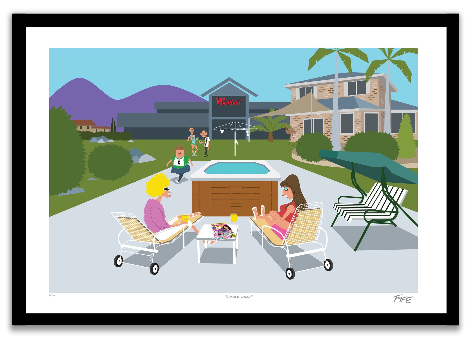 Illustration of two people sitting by a pool with a house and mountains in the background