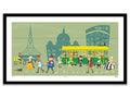 Illustration of a city street scene with people, a tram, and buildings on a green background.