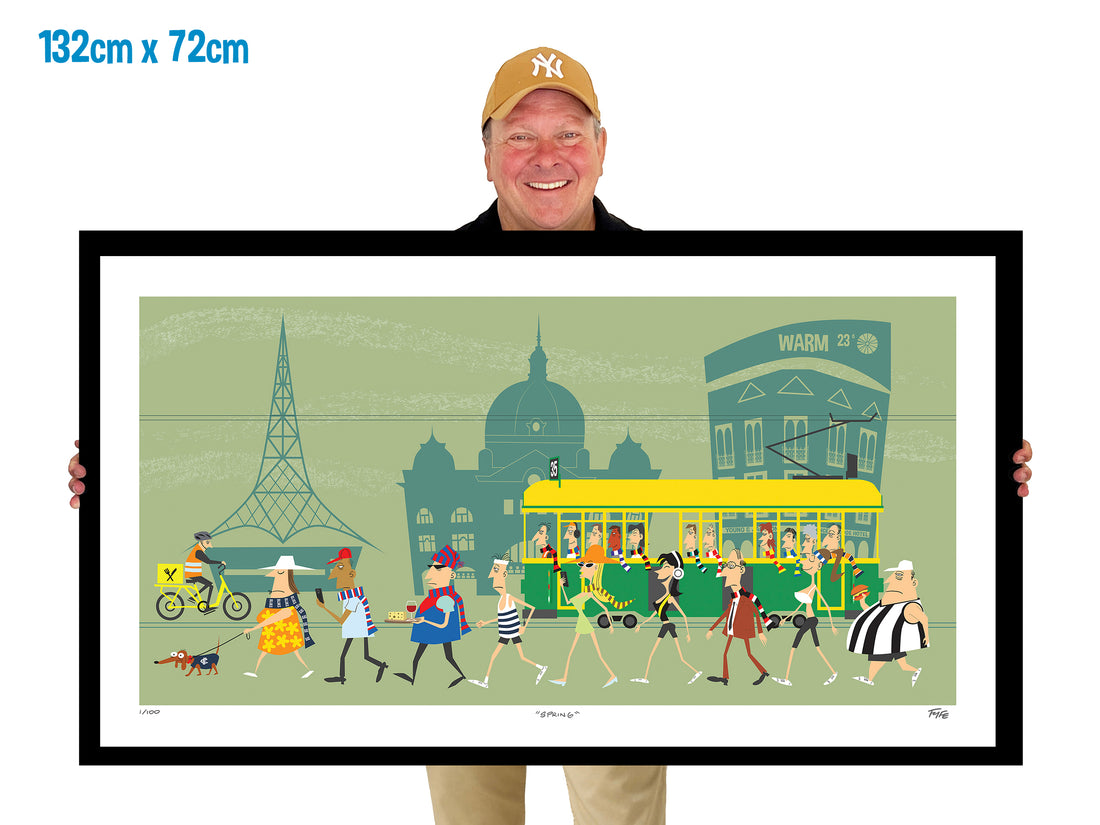 Cartoon-style illustration of a city street with people, a tram, and architectural elements.