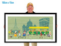 Man holding a large framed artwork of a city scene with people and a tram.