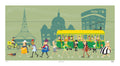 Illustration of a city street scene with people, a tram, and architectural landmarks.