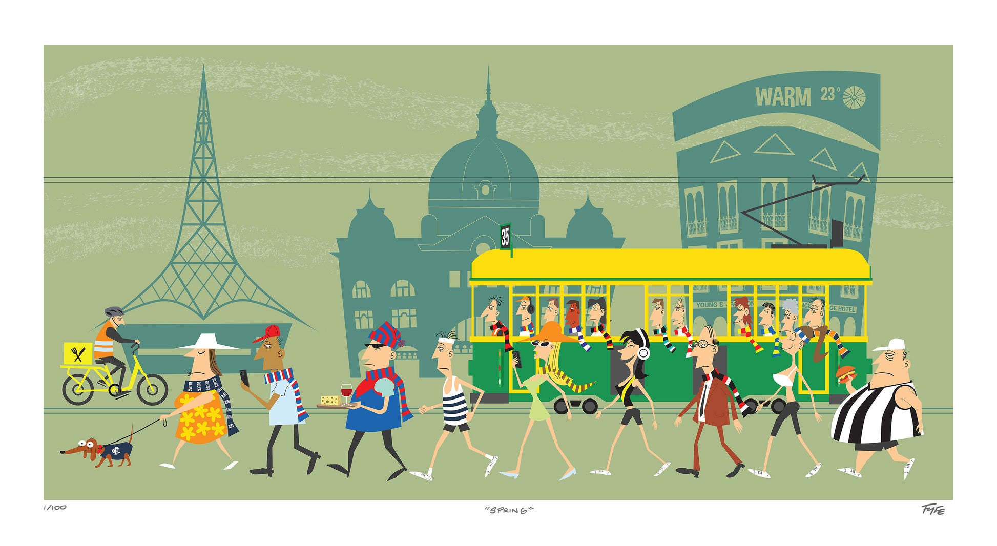 Illustration of a city street scene with people, a tram, and architectural landmarks.