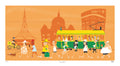 Illustration of a city street with people, a tram, and a skyline on an orange background