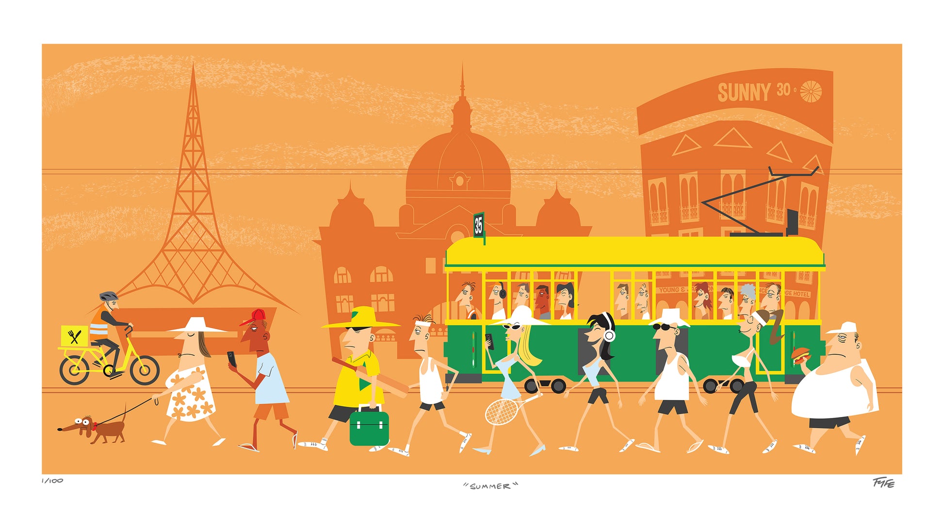 Illustration of a city street with people, a tram, and a skyline on an orange background