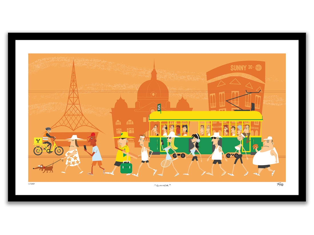 Illustration of a city street scene with people, a tram, and architectural landmarks on an orange background.