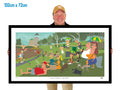 Person holding a large framed artwork of a park scene with people and animals.