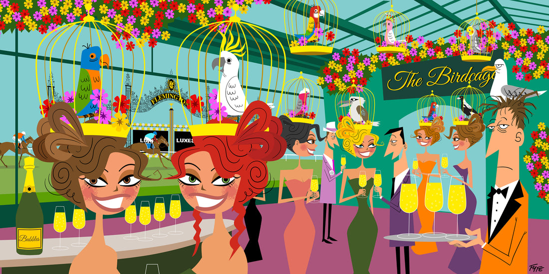 The Birdcage Melbourne Cup art print by Andrew Fyfe featuring women wearing Australian birdcage fascinators at Flemington.