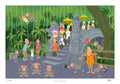 Cartoon scene with people and monkeys around a large statue in a jungle setting