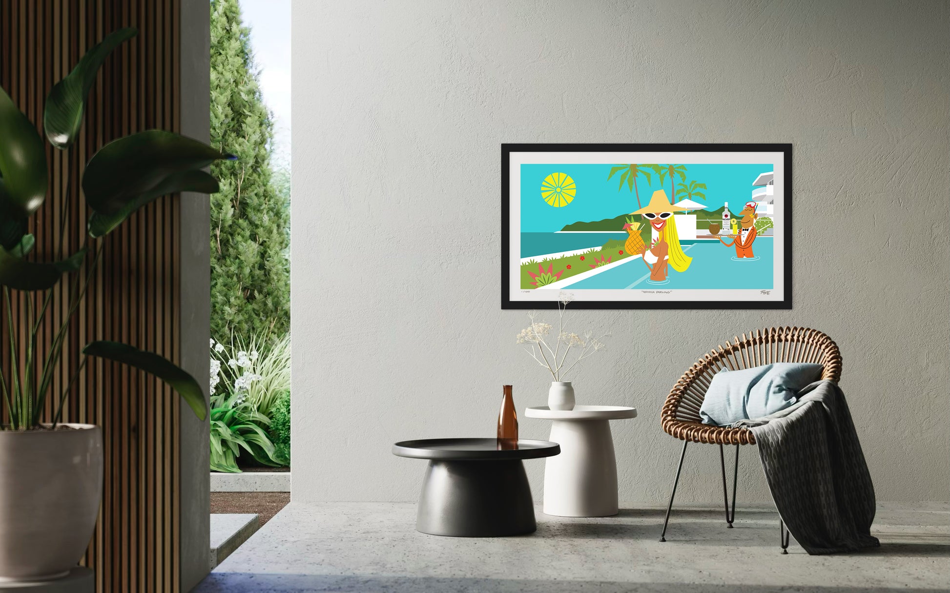 Framed artwork of a tropical scene with palm trees and a beach, displayed in a modern living room.