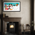 Framed artwork above a fireplace with a chair and decorative items.