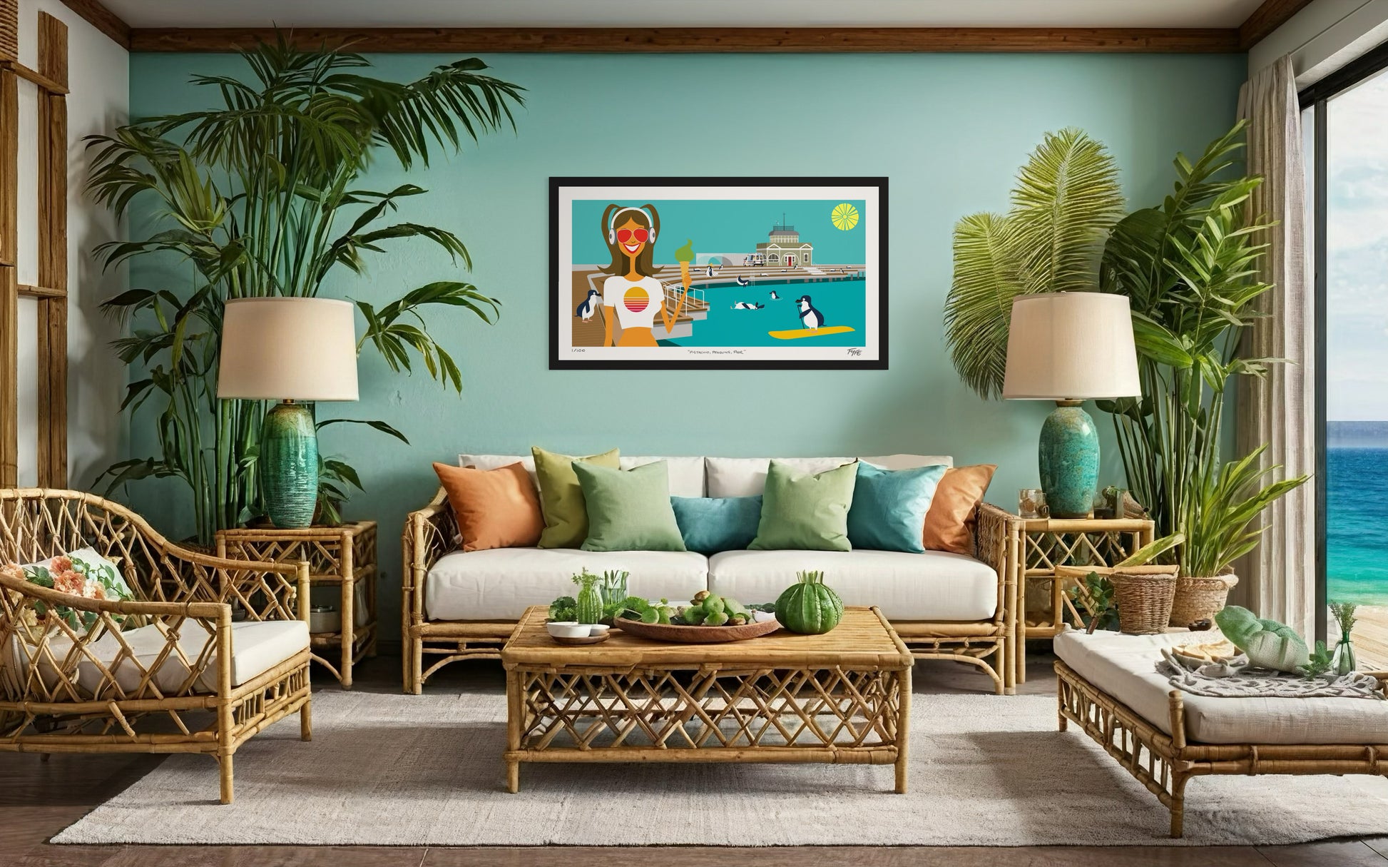 Living room with a turquoise wall, plants, and a coastal-themed painting.
