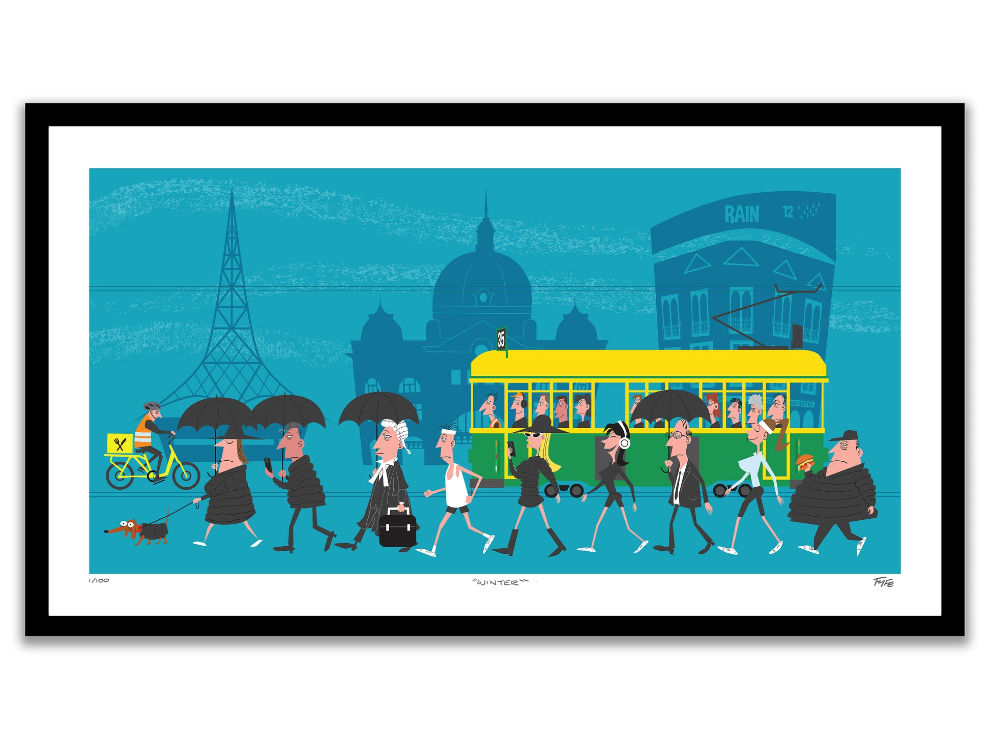 Illustration of people with umbrellas walking in the rain, with a tram and cityscape in the background.