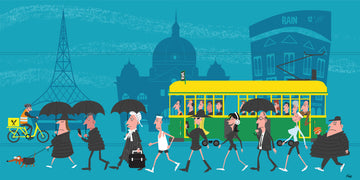 Cartoon illustration of people with umbrellas walking in a city street with a tram and buildings in the background.