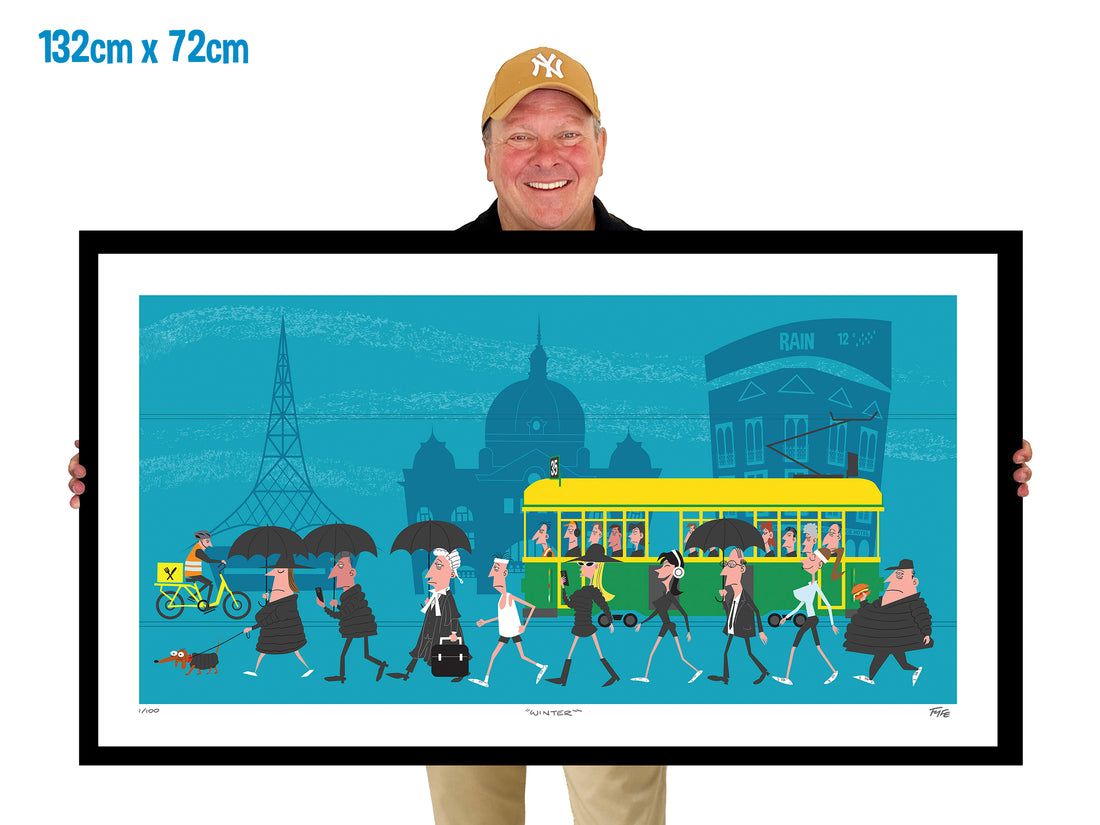Cartoon illustration of people with umbrellas walking in a city street with a tram and buildings in the background.