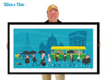 Man holding a large framed artwork of a city scene with people and a tram.