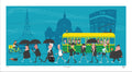 Illustration of people with umbrellas walking in a city street with a tram and buildings in the background.