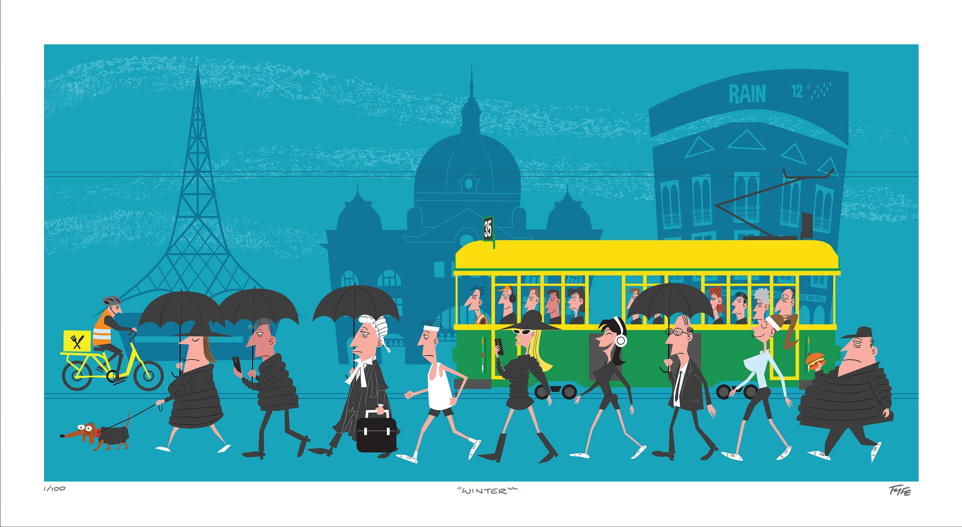 Illustration of people with umbrellas walking in a city street with a tram and buildings in the background.